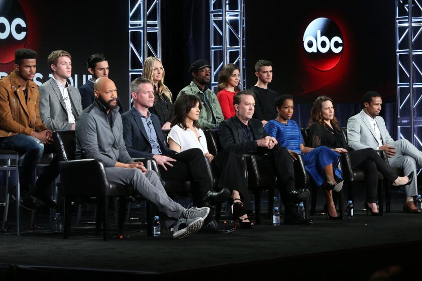 The cast and crew of "American Crime" speak during the Television Critics Assn. press tour in Pasadena.