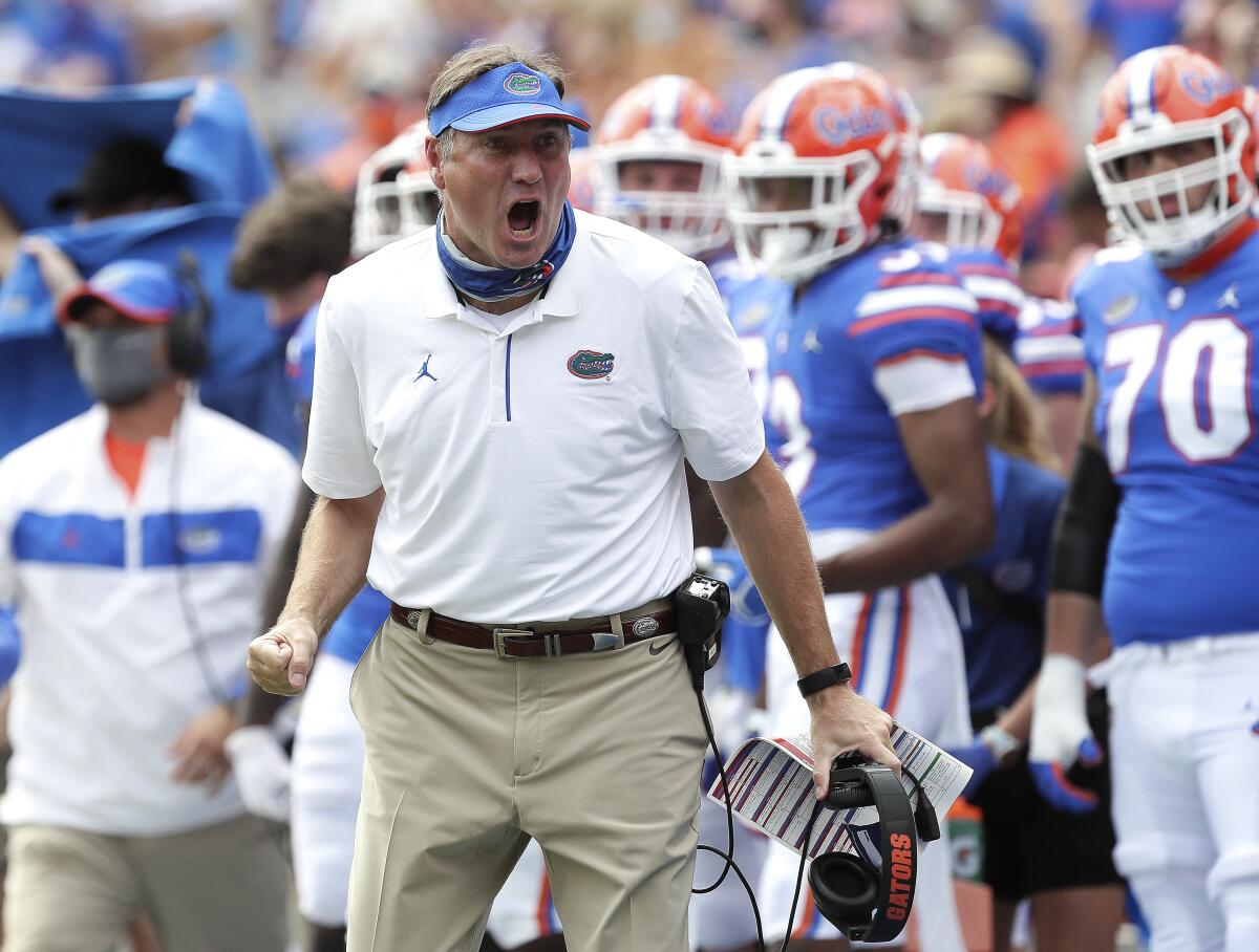 Florida coach Dan Mullen yells at an official during a game against South Carolina in Gainesville, Fla. on Oct. 3, 2020.