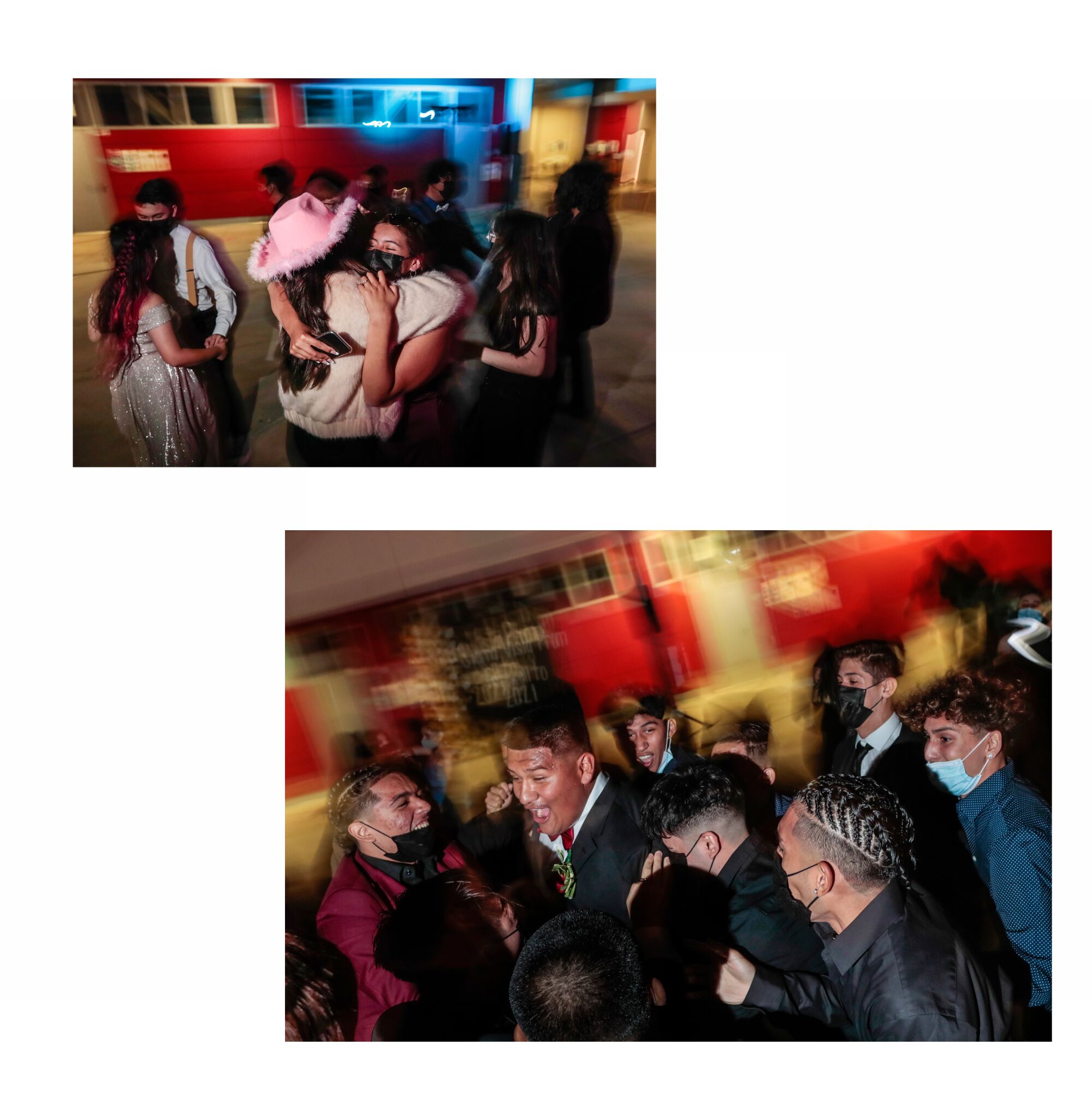 Two photos with blurry backgrounds of high schoolers dancing at an outdoor prom 