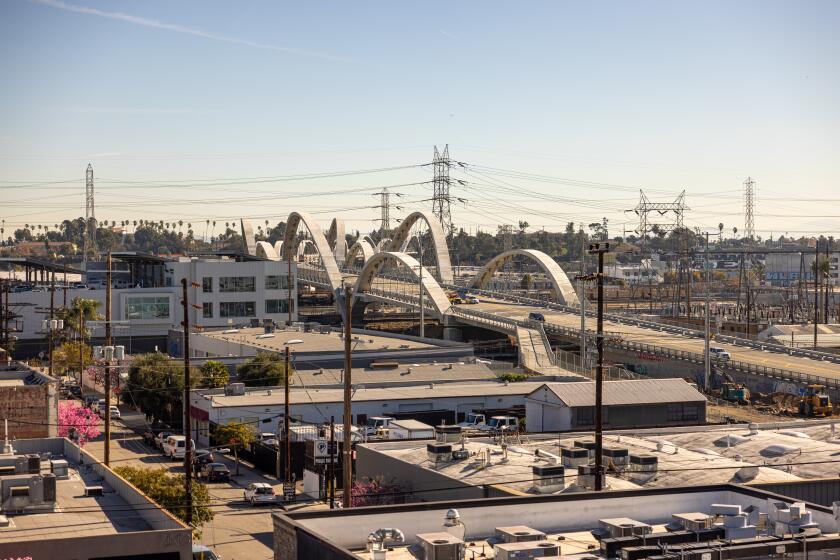 LOS ANGELES, CA - JANUARY 12, 2024: A view of the the The Sixth Street Viaduct as seen from the Arts District neighborhood in downtown Los Angeles on Friday, Jan. 12, 2024. (Silvia Razgova / For The Times)