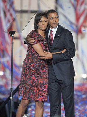 Michelle Obama in Thakoon at the end of the Democratic National Convention at the Invesco Field in Denver Colorado.