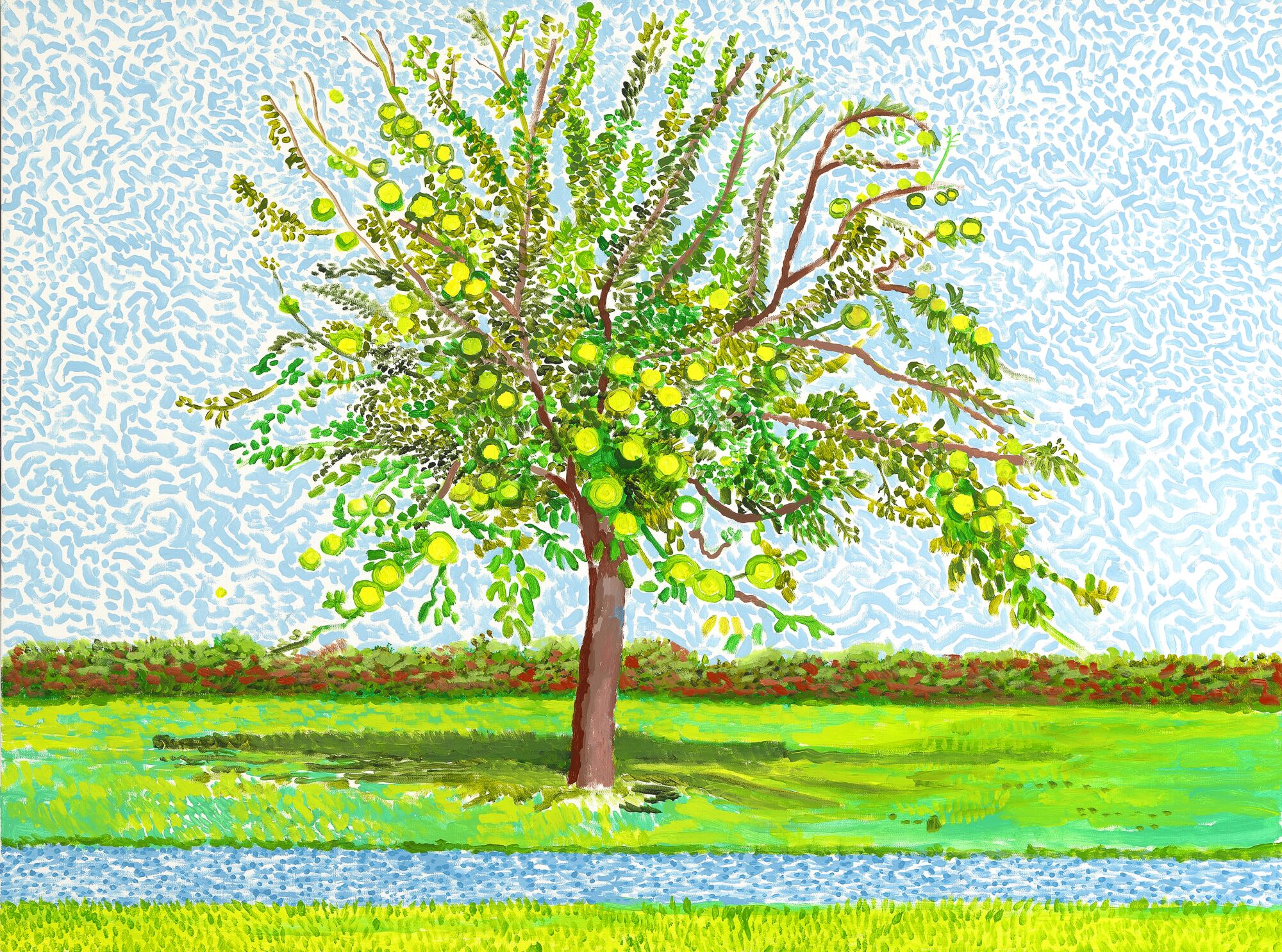 A Hockney work shows a tree covered with leaves and fruit alongside a path.