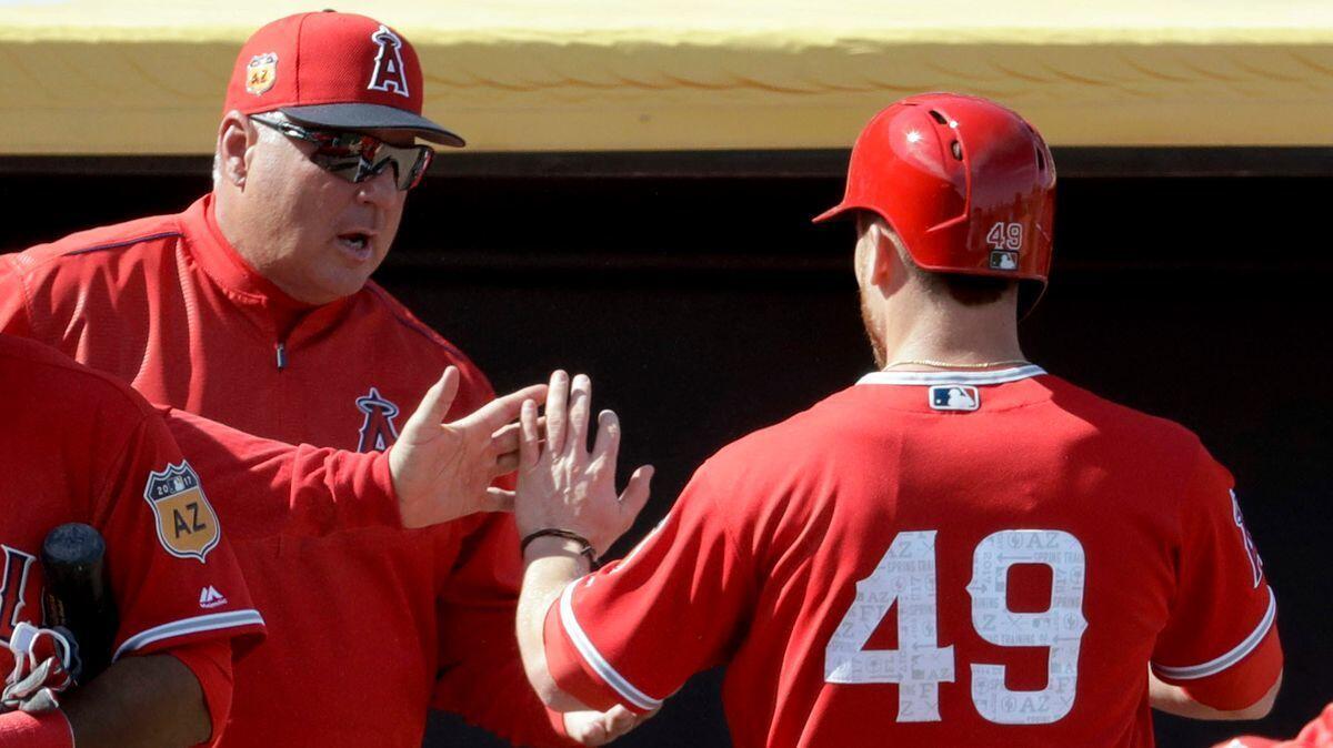 Angels Manager Mike Scioscia, left, greets Nolan Fontana after Fontana scored on a double by Ben Revere during the third inning of a spring baseball game against the Oakland Athletics on Sunday.