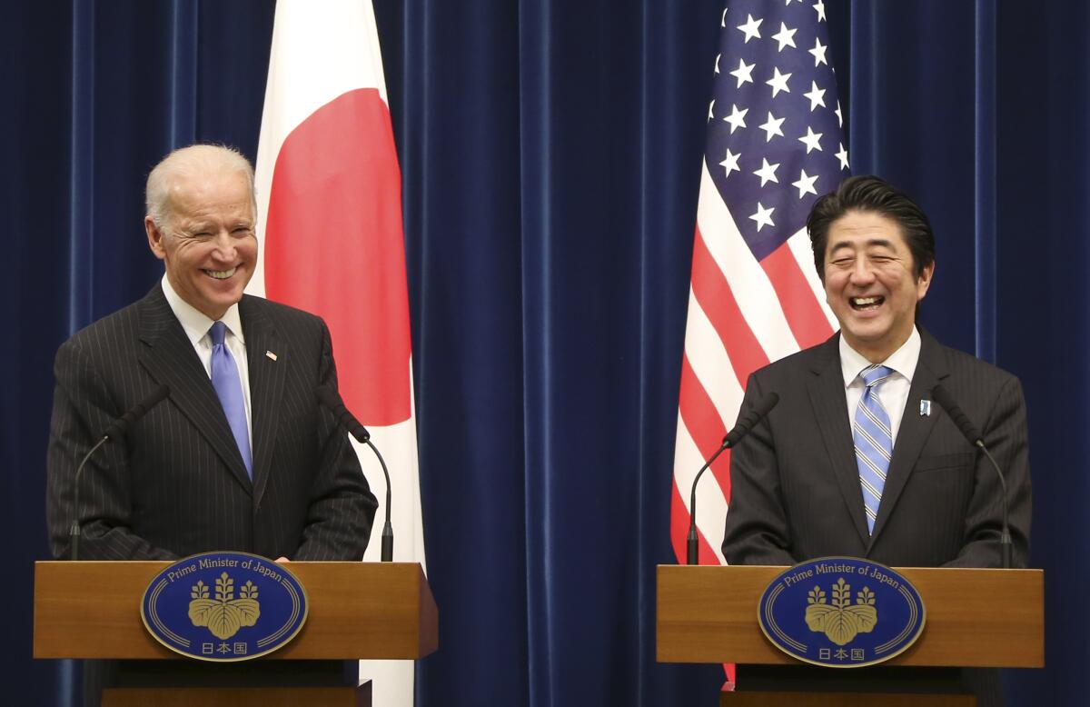 Joe Biden and Japanese Prime Minister Shinzo Abe during a joint press conference 