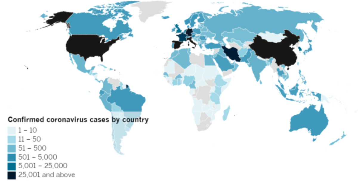 Confirmed COVID-19 cases by country as of 4 p.m. PDT Monday, March 23.