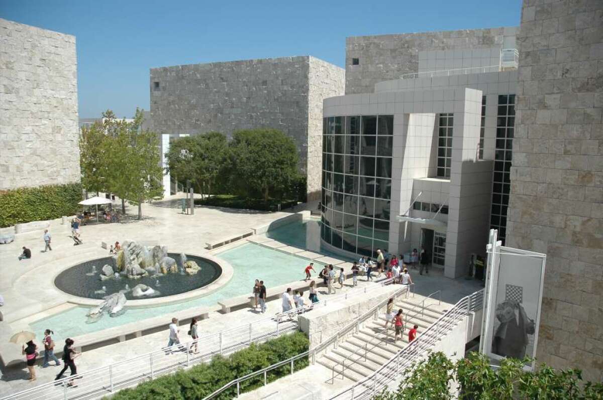 View of the courtyard fountain in front of the West Pavilion of the Getty Center.