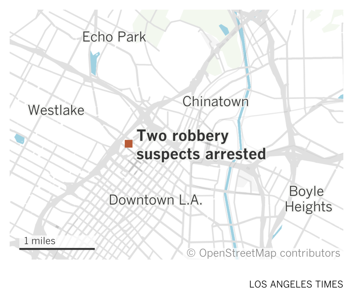 A map of central L.A. showing where police arrested two robbery suspects at the north end of downtown