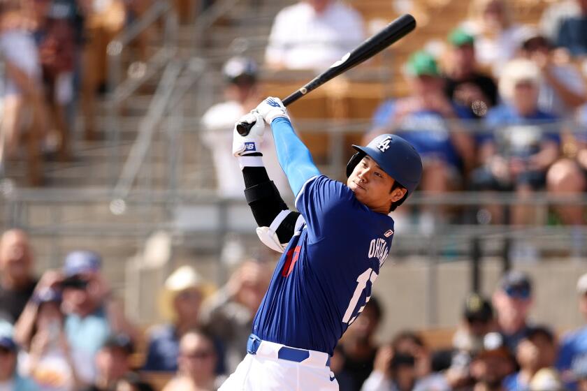 Shohei Ohtani of the Dodgers bats against the Chicago White Sox at Camelback Ranch on Feb. 27, 2024.