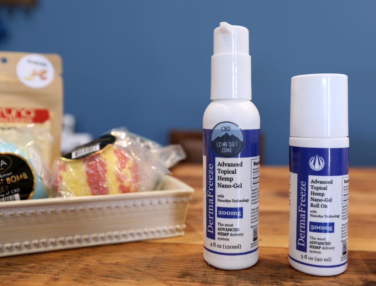 CBD products come in many forms. The store offers a topical gel and roll on, as well as bath bombs, gummies, face and eye creams, and more.