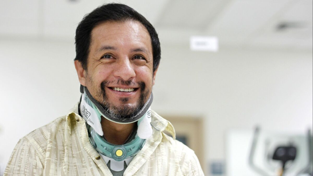Victor Espinoza has been doing physical therapy sessions since he fractured his C3 vertebrae in a training accident at the Del Mar Thoroughbred Club in July