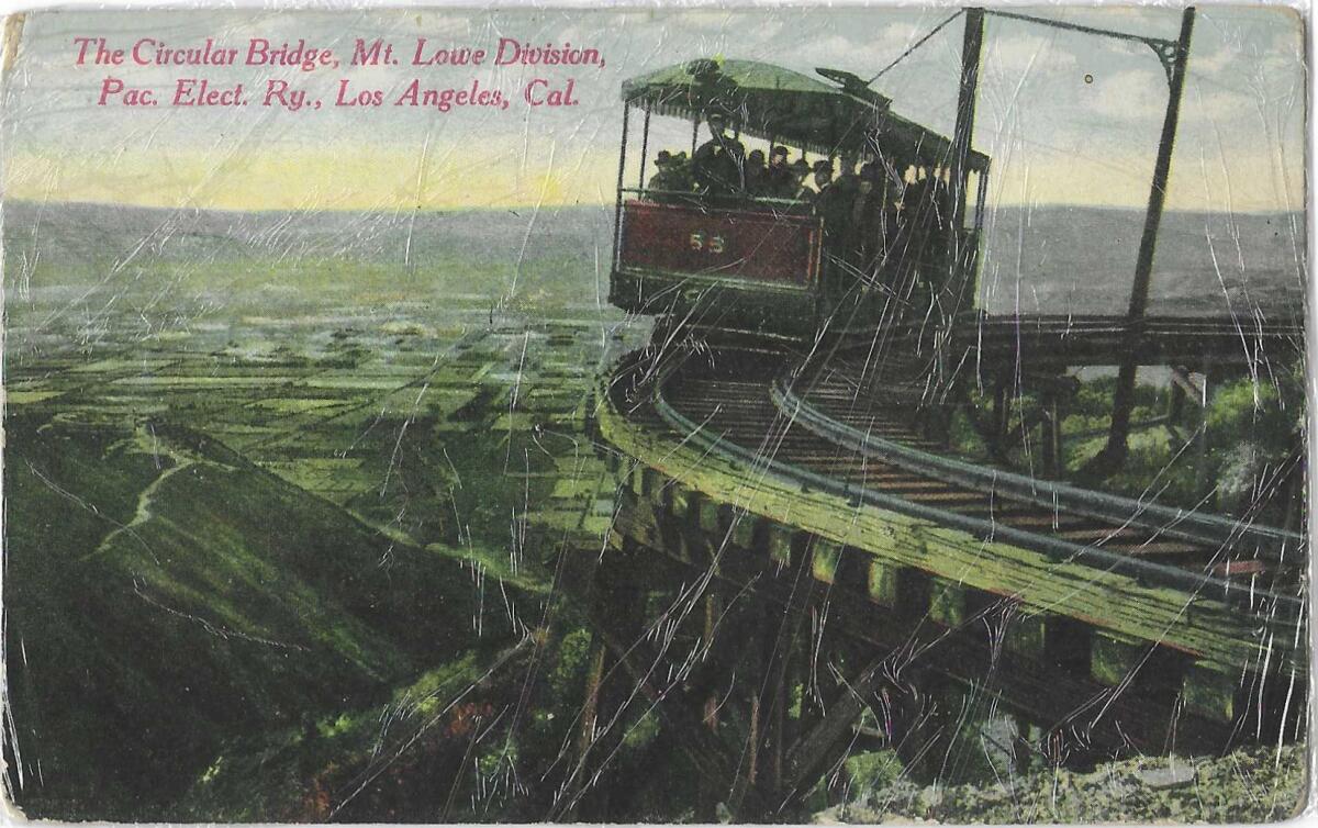 A vintage postcard depicts a gut-churning circular bridge in the San Gabriel Mountains