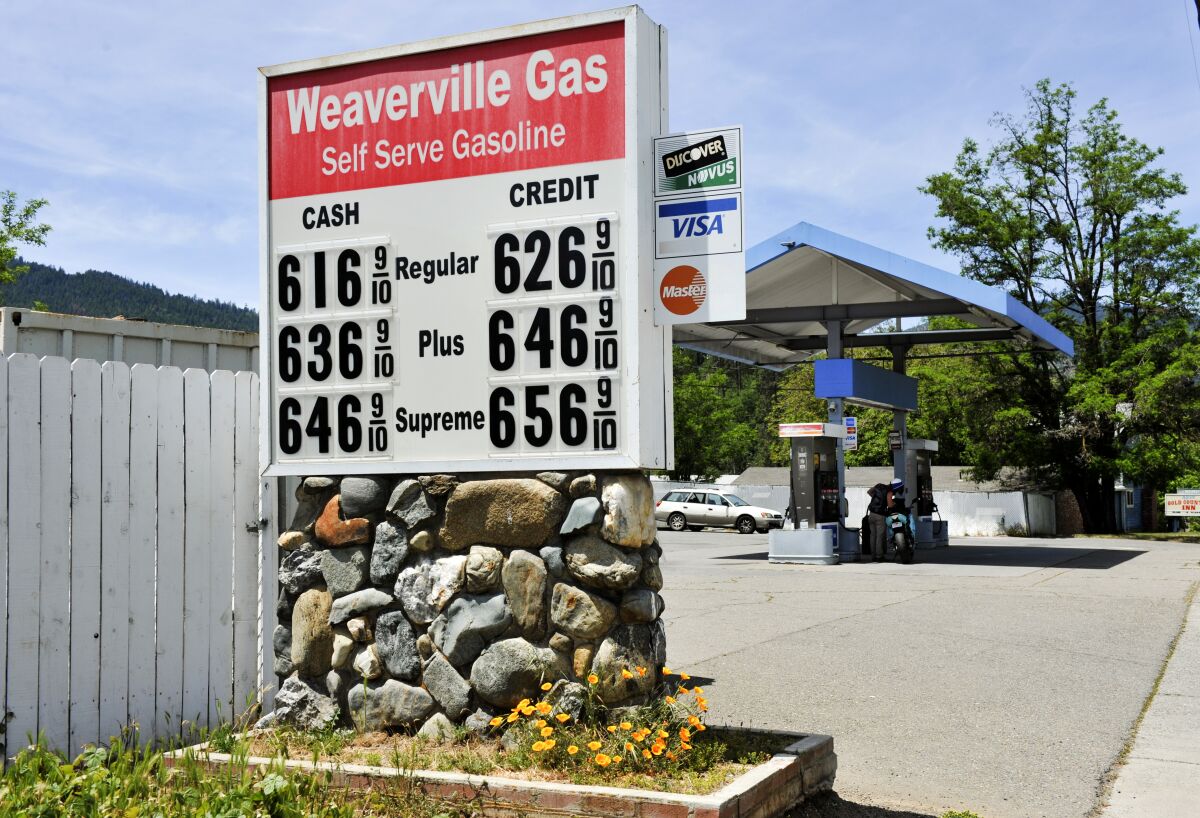 Weaverville Gas prices displayed at a self serve gas station in Weaverville, CA. 