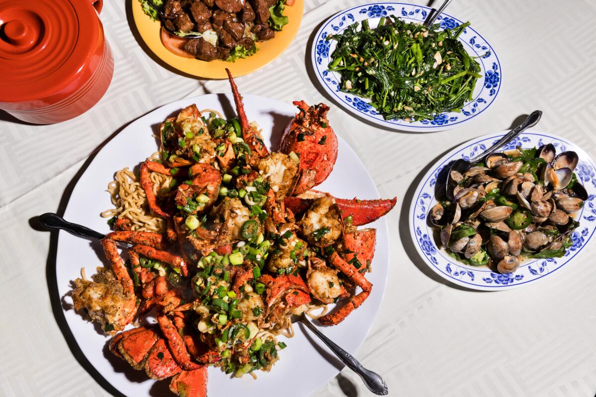 Boston Lobster (From Top, CW) Bo Luc Lac / Vietnamese Shaking Beef Rau Muong Xao Toi / Stir-Fried Water Spinach with Garlic Ngheu Xao la que / Clams with Basil Sauce Tom Hum Xao dac biet / Boston House Special Lobster