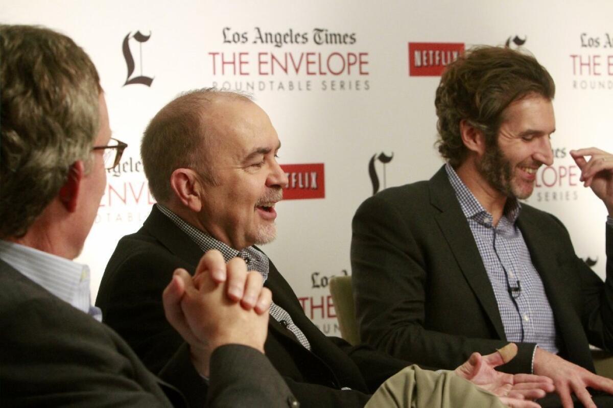 From left, TV showrunners Alex Gansa, Terence Winter and David Benioff talk about the use of social media in television.