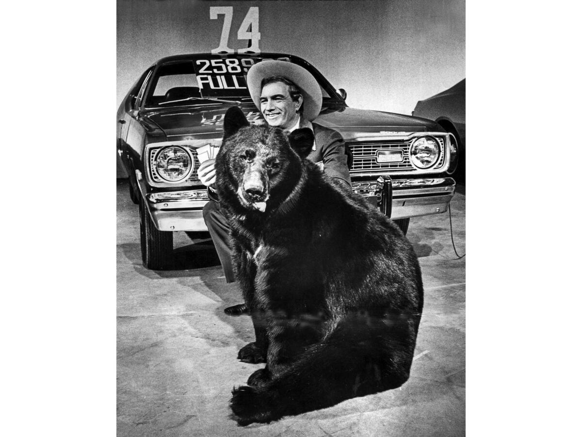January 1974: Cal Worthington with his "dog" Spot - actually a bear this time - during filming of one of his television commercials.