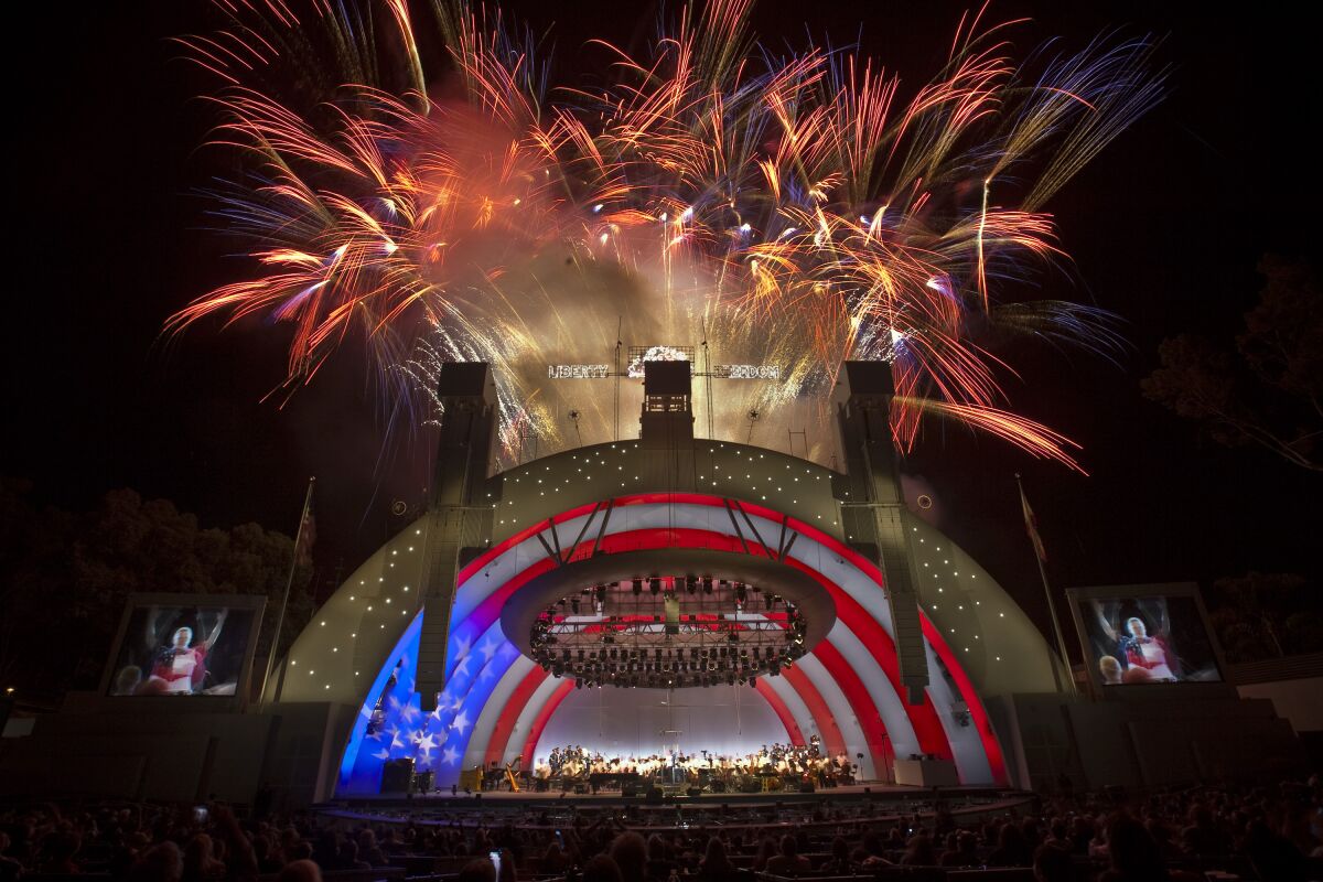 Fireworks burst in the air above the Hollywood Bowl