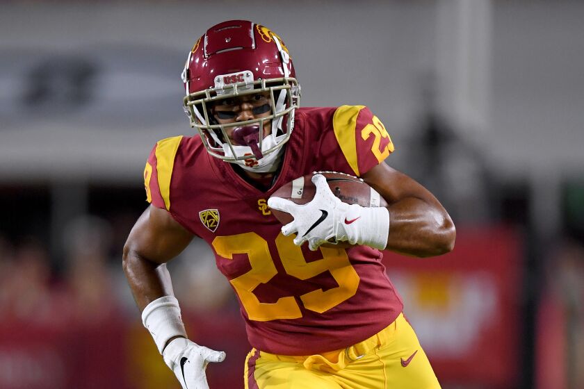 LOS ANGELES, CALIFORNIA - AUGUST 31: Vavae Malepeai #29 of the USC Trojans runs after his catch during the game against the Fresno State Bulldogs at Los Angeles Memorial Coliseum on August 31, 2019 in Los Angeles, California. (Photo by Harry How/Getty Images)