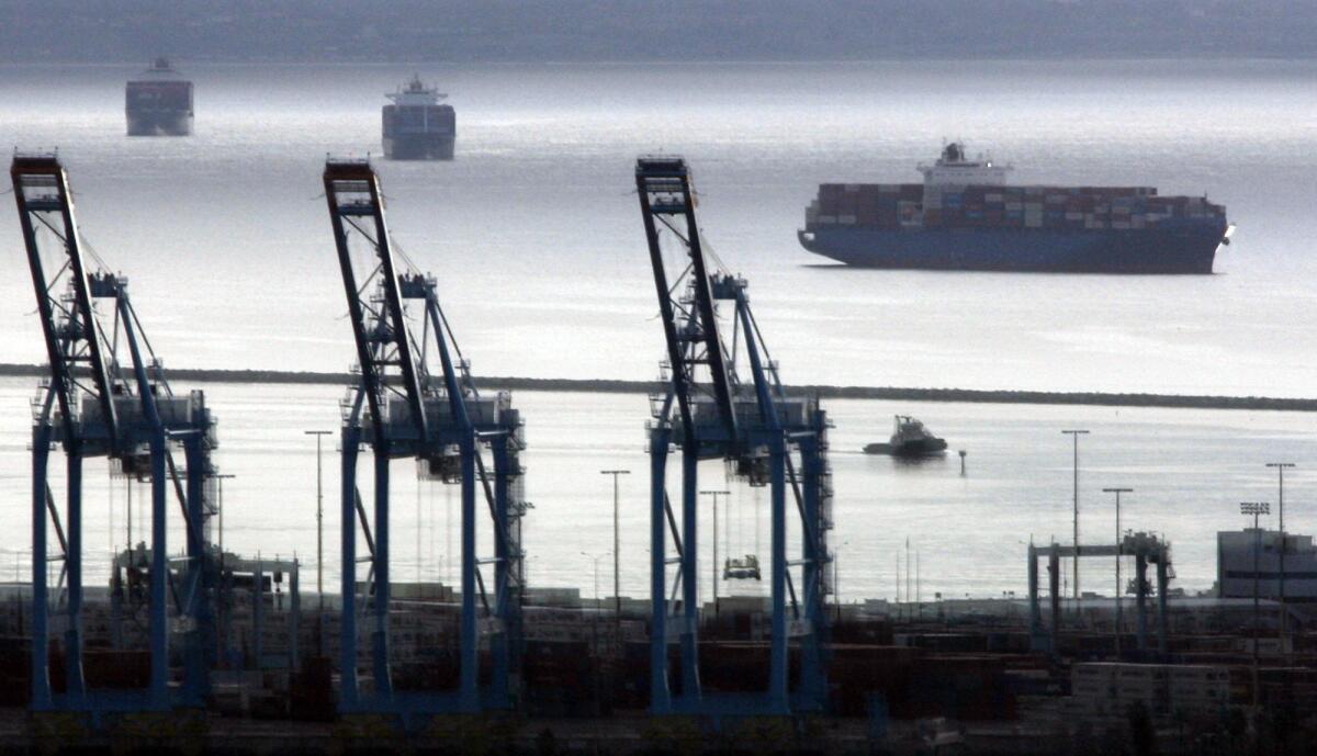 Container ships near the port of Los Angeles in San Pedro, into which counterfeit goods were shipped in the case of Kevin "Peter" Wang Rosemead.