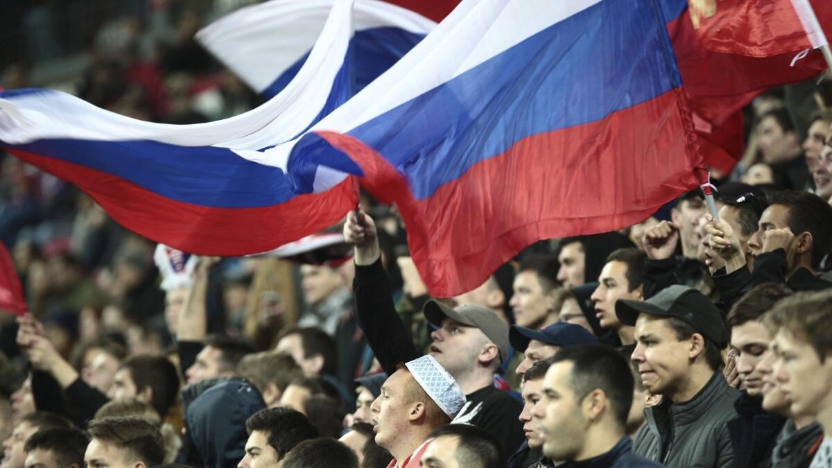 Russian football fans at the new the World Cup stadium in Kazan, Russia on May 7.