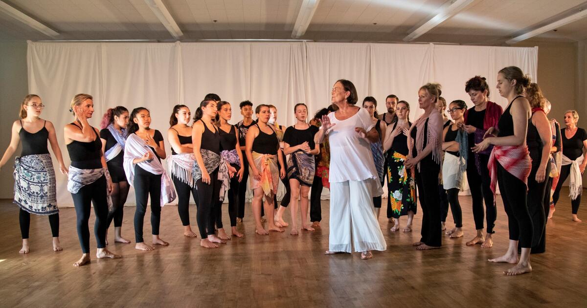 Jean Isaacs teaching a modern dance class to a group of dancers.