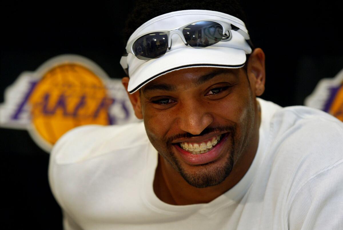 San Antonio Spurs forward Robert Horry talks to the media at the Lakers training facility in El Segundo in 2003.