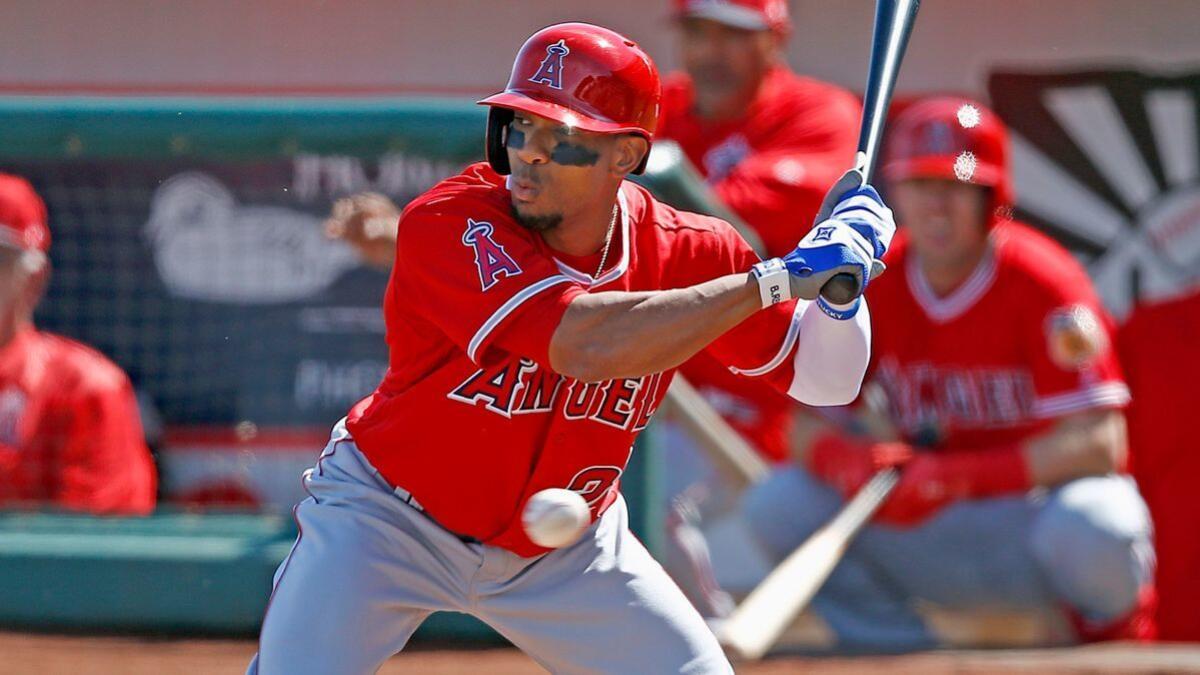 Angels center fielder Ben Revere takes a pitch during the first inning of a spring training game against the Cincinnati Reds on Wednesday in Goodyear, Ariz.