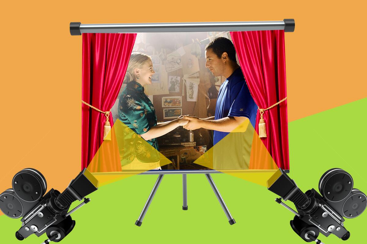 Still of Drew Barrymore (left) and Adam Sandler (right) holding hands with projectors on either side. 
