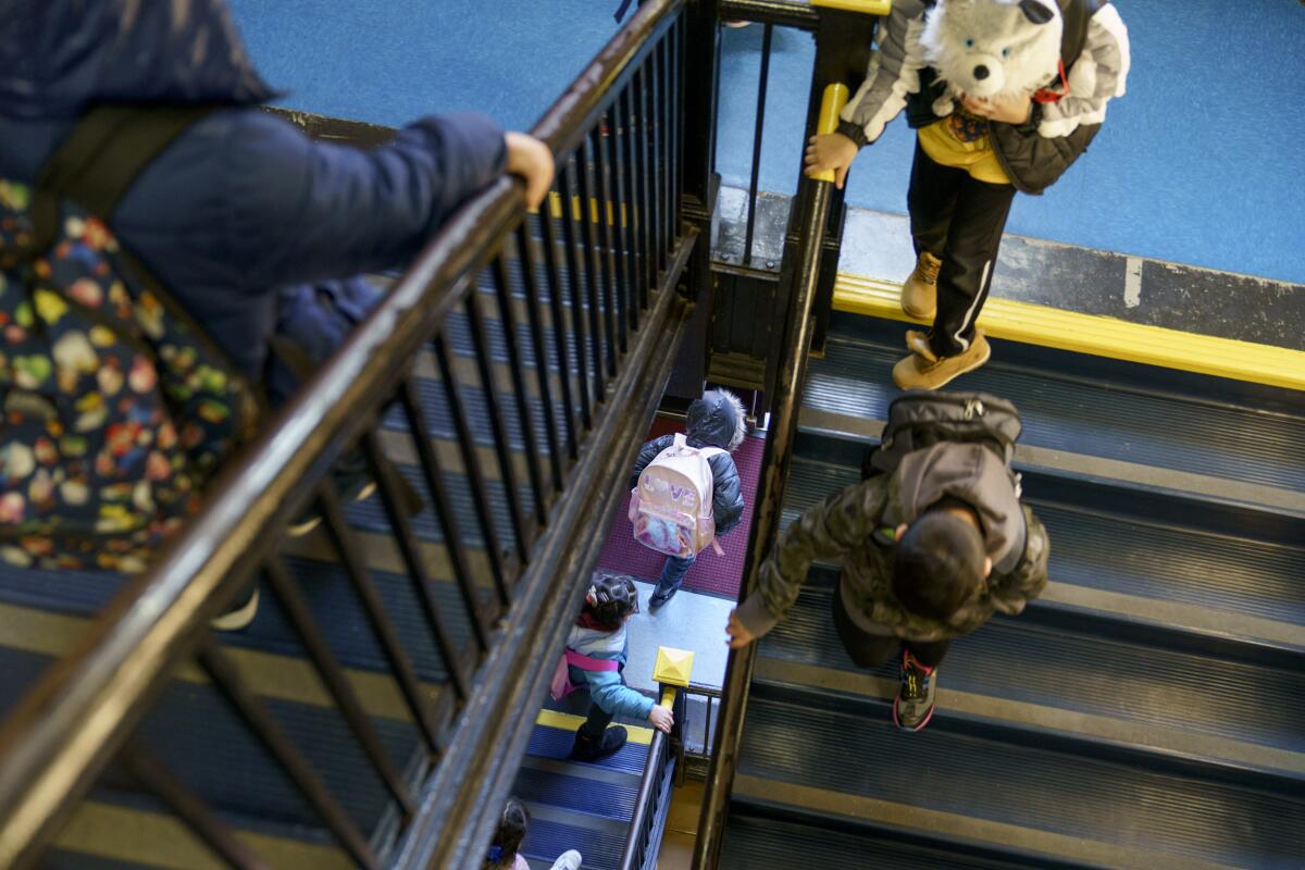 Children walk down stairs in a school 