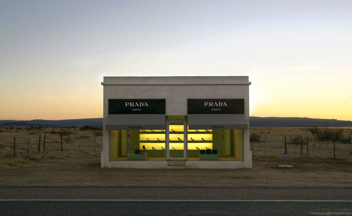 The stucco-and-adobe Prada Marfa store near Valentine, Texas. It's an art installation that has been in place since 2005.
