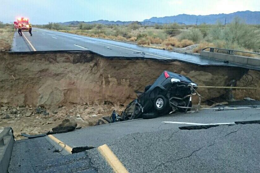 A bridge collapsed Sunday at the eastbound Interstate 10 Freeway and Eagle Mountain Road in Desert Center, trapping a truck in the debris. One lane in each direction will open Friday.