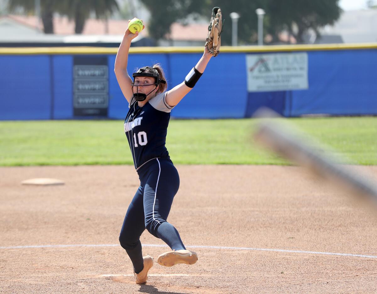 Newport Harbor pitcher McKayla Cotton winds up to throw in the CIF Southern Section Division 4 softball playoffs.