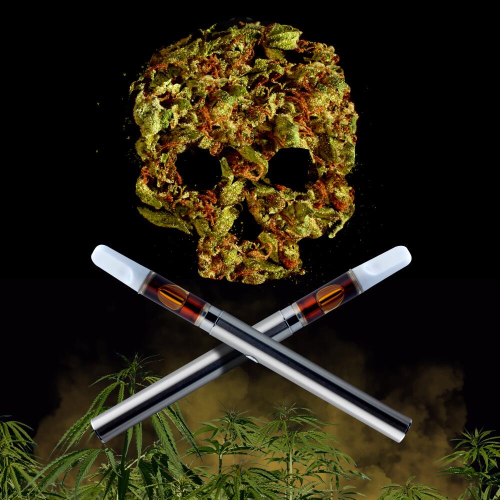 photo illustration of a poison symbol formed by cannabis and vape pens, fog fills the background with marijuana plants below