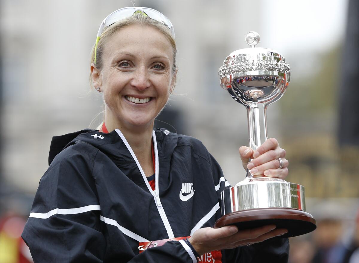 British athlete Paula Radcliffe receives a lifetime achievement award at the London Marathon in April.