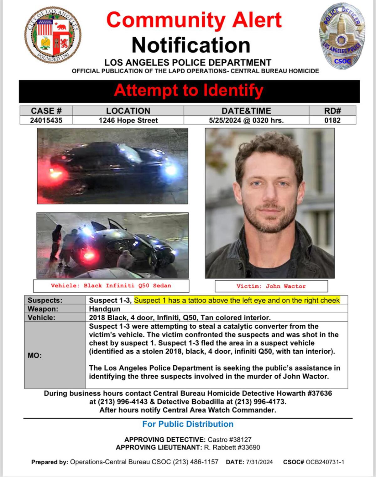 Community alert sheet shows images of several men around a car, a car and a man's face.