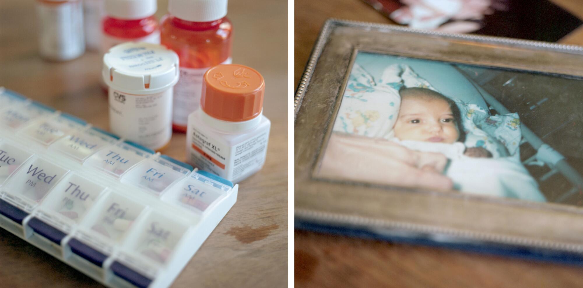 Medicine, left, sits on a table. A framed photo, right, shows a baby in a hospital bed.