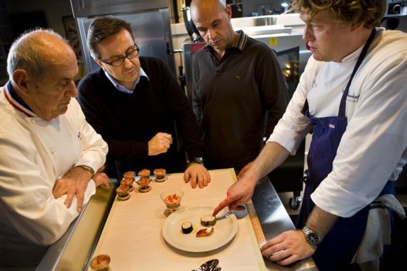 Timothy Hollingsworth, right, with Paul Bocuse, Daniel Boulud and Jerome Bocuse, during training for the Bocuse d'Or.