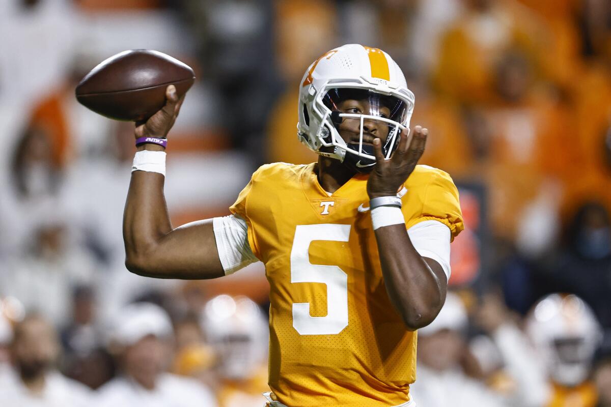 Tennessee quarterback Hendon Hooker throws against Mississippi on Oct. 16.