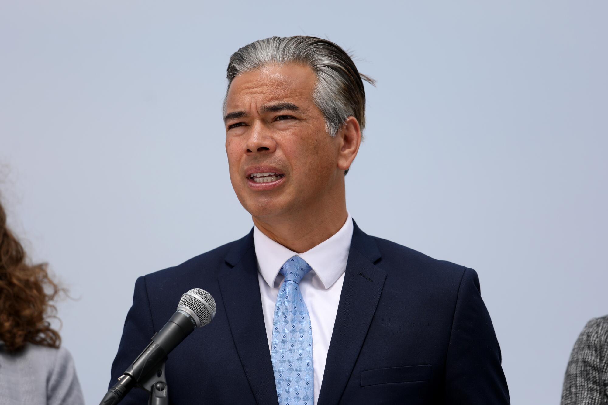 Atty. Gen. Rob Bonta speaks at an outdoor news conference.