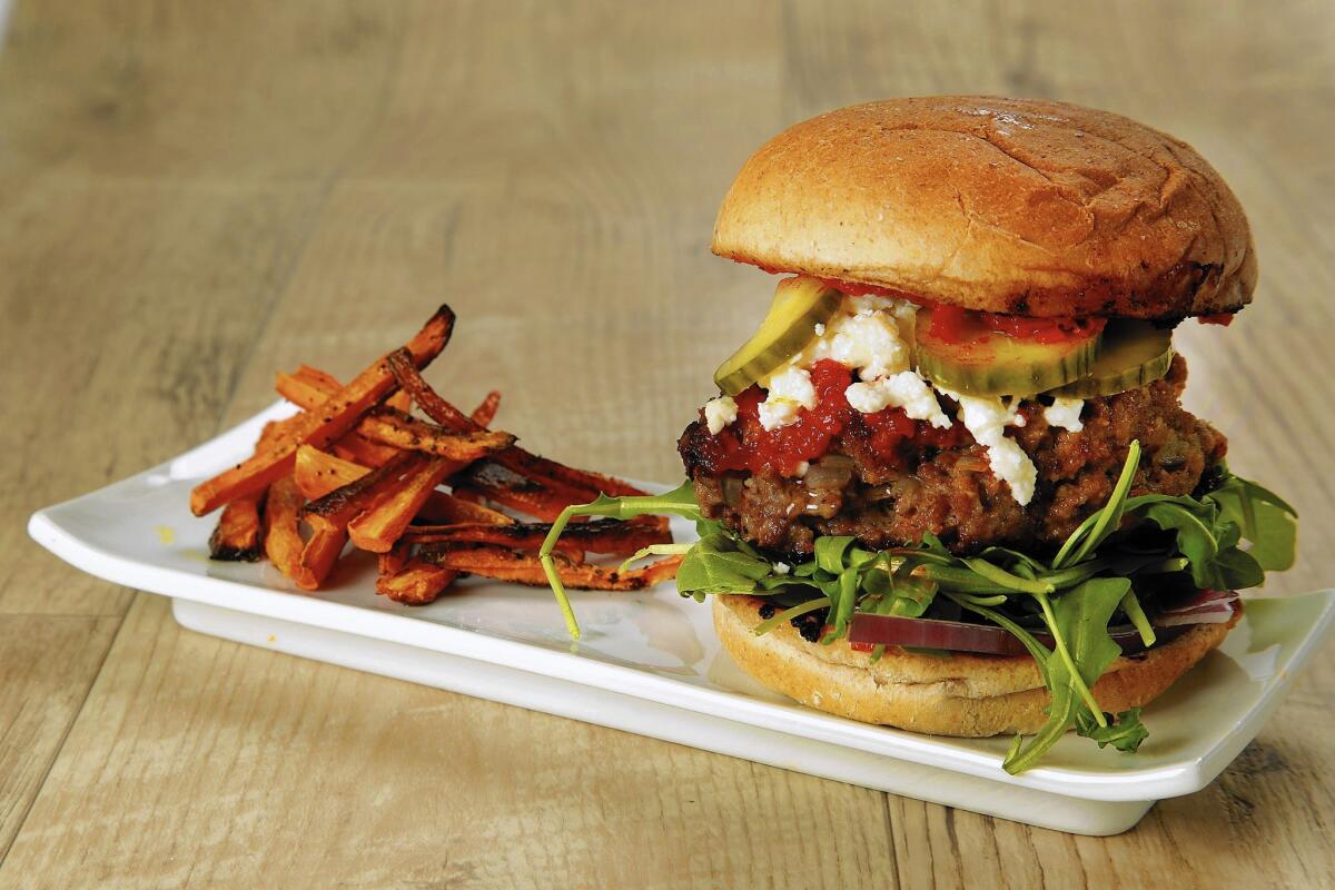 The harissa lamb and beef burger with carrot fries from Blue Apron.
