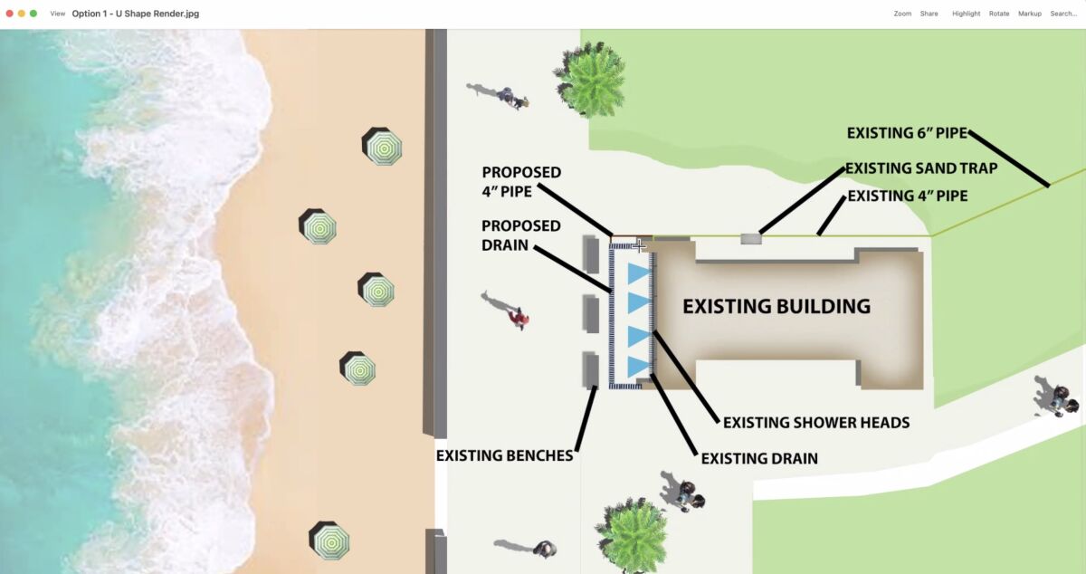 An illustration shows a redesign for drain repairs at the Kellogg Park north "comfort station."