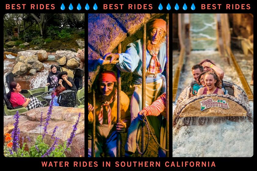 Triptych saying "best rides" of three water rides including a white water raft ride, pirates of the caribbean and a log flume