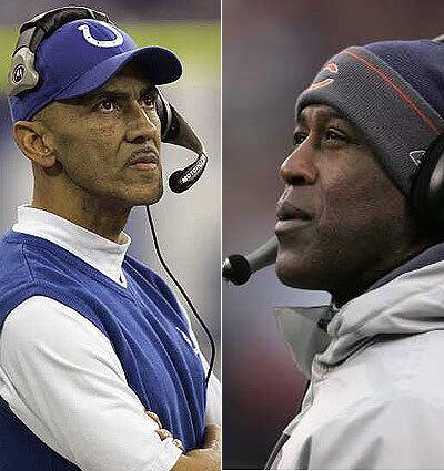 Indianapolis Colts coach Tony Dungy (left) and Chicago Bears coach Lovie Smith will be the first black head coaches to coach in the Super Bowl in Miami on Feb 4 .