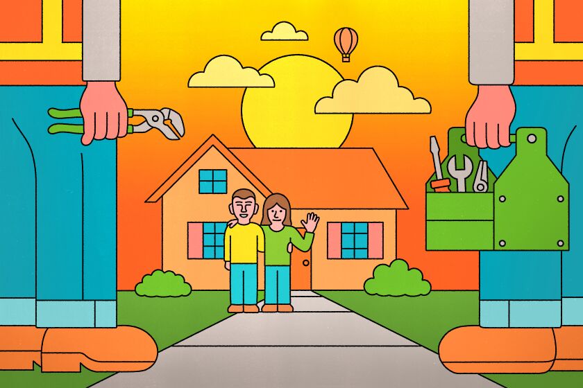 An illustration of contractors arriving at a home. A couple stands on the walkway and greets them. 