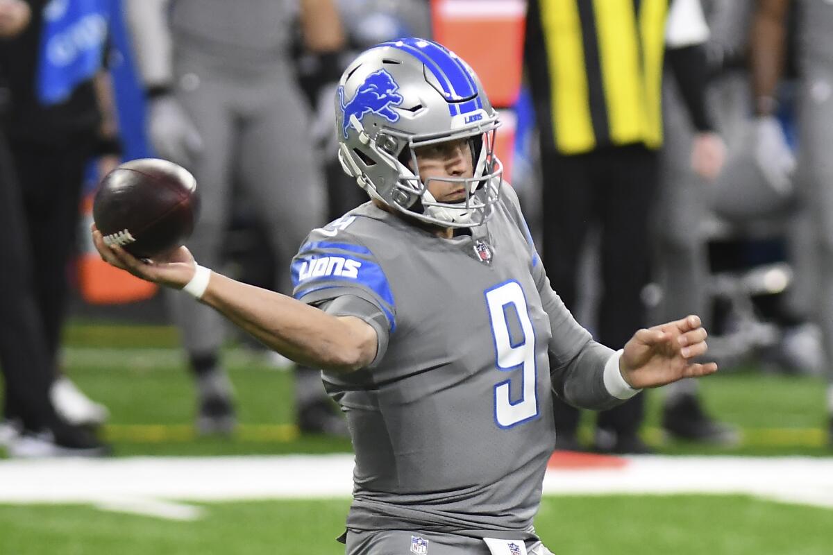 Detroit Lions quarterback Matthew Stafford passes against the Tampa Bay Buccaneers on Dec. 26, 2020.