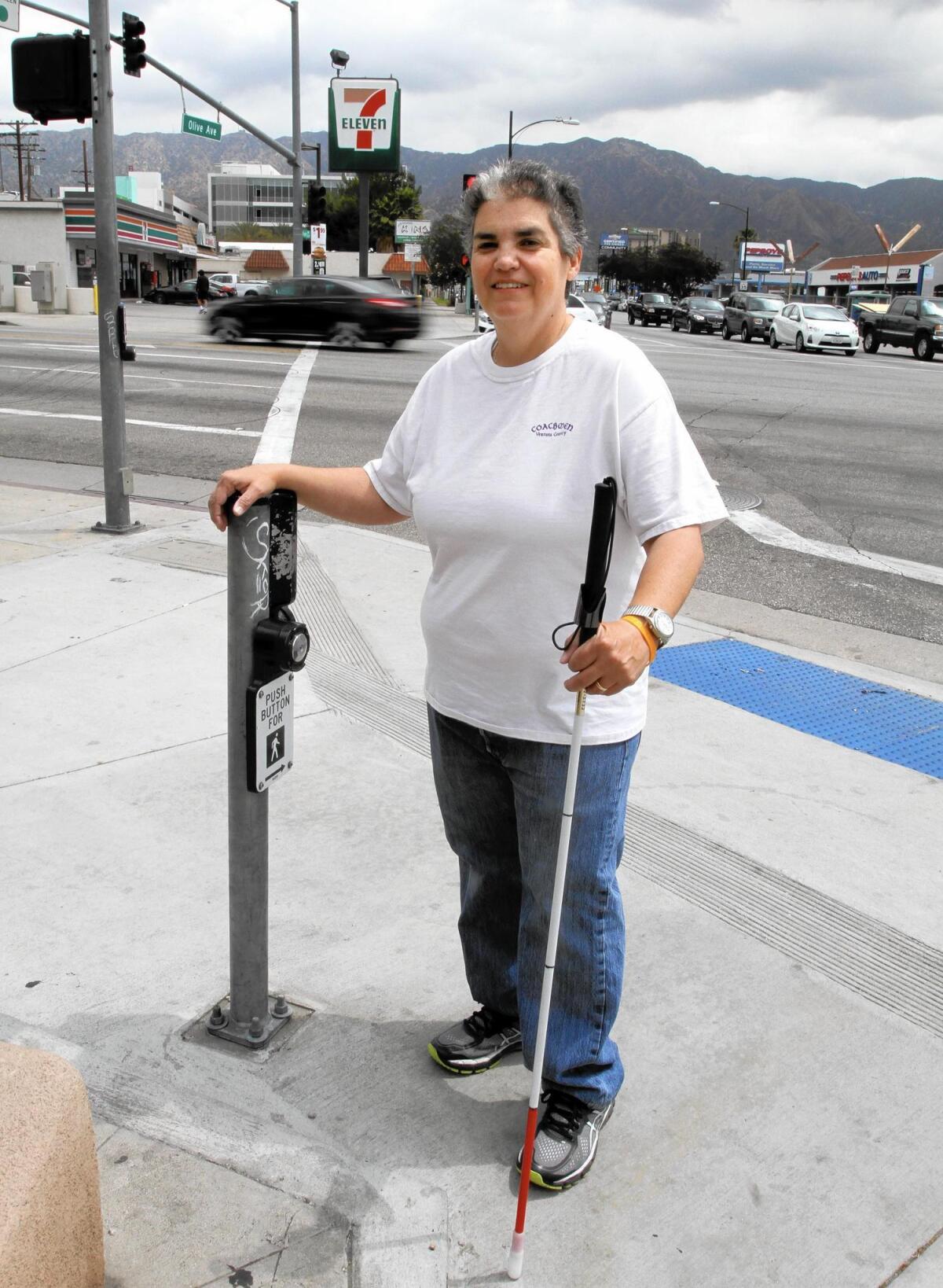 Rosie Lobrutto is happy about the newly installed audible crosswalks near her home at Victory and Olive in Burbank.