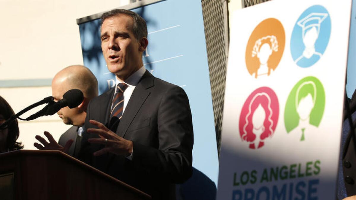 Mayor Eric Garcetti announces a previous Promise Neighborhood grant at Berendo Middle School in January.