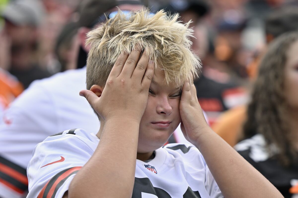 A Cleveland Browns fan reacts late in the fourth quarter of a loss to the New York Jets.