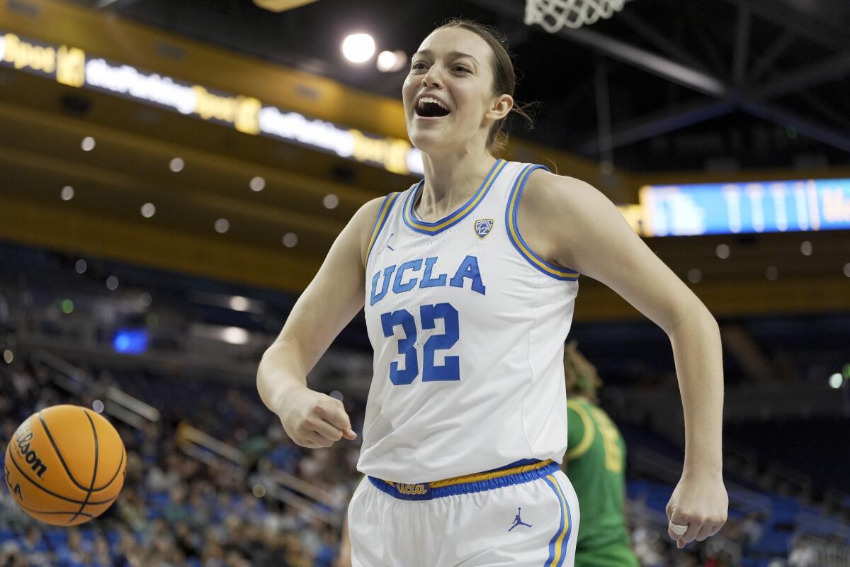 UCLA forward Angela Dugali reacts after drawing a foul call against Oregon.