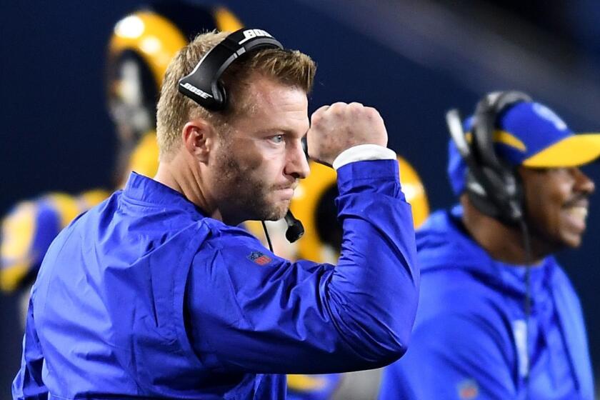 LOS ANGELES, CA. JANUARY 12, 2018-Rams head coach Sean McVay celebrates a touchdwon by running back Todd gurley against the Cowboys in a playoff game at the Coliseum Saturday. (Wally Skalij/Los Angeles Times)