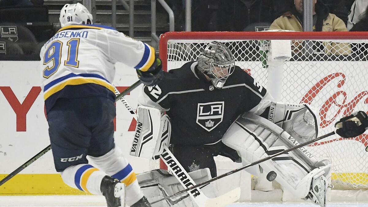 Kings goaltender Jonathan Quick, stops a shot by St. Louis Blues right wing Vladimir Tarasenko during the second period.
